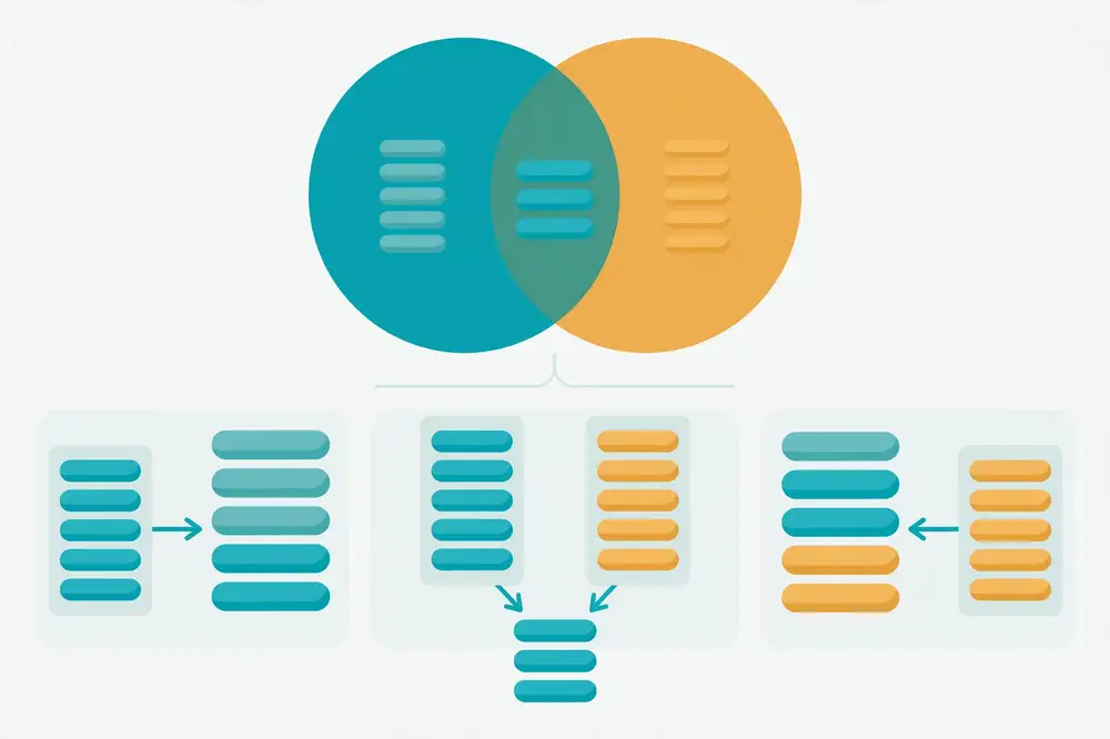 Venn-style diagram of two overlapping data tables illustrating inner, left and right joins
