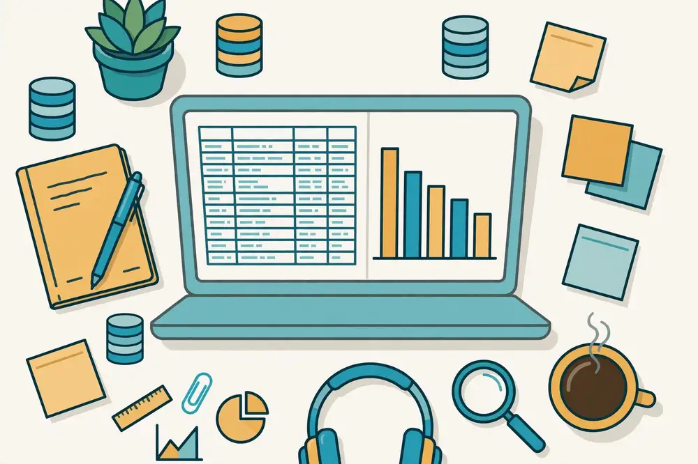 Analyst learning dashboard — laptop with database tables and charts, database icons and notes