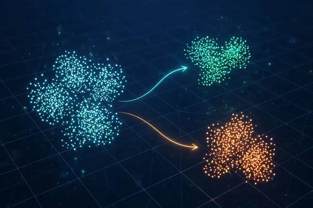Embedding vector-space concept: similar-meaning embeddings clustered together in a glowing 3D space