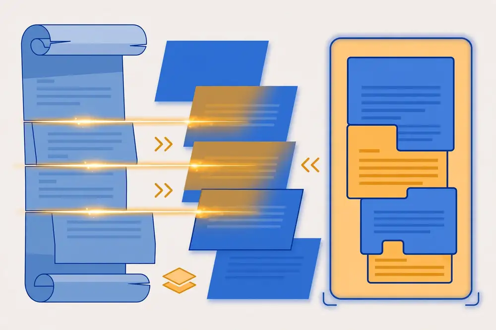 Chunking illustration: a document scroll being sliced into overlapping segments, with structure-aware chunks following section boundaries