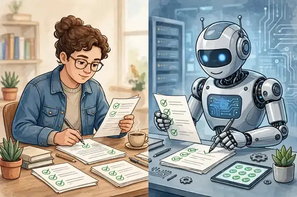 Human evaluation versus AI-as-judge: a human reviewer and a robot reviewer side by side checking test answers