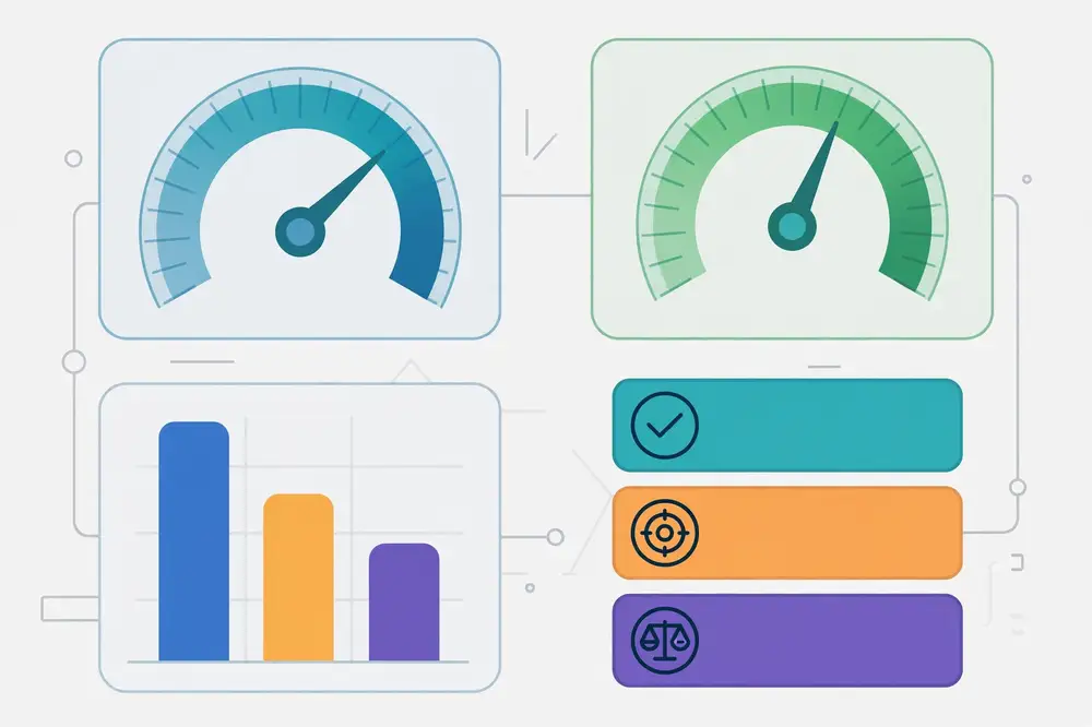 Metrics dashboard concept: gauges, charts and scorecards showing model accuracy, precision and recall