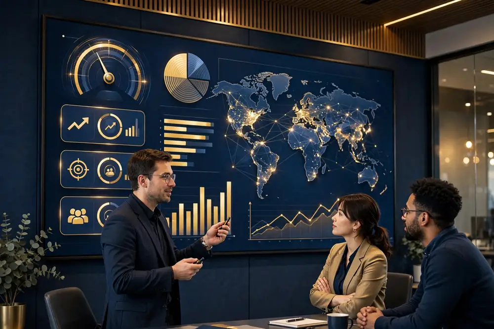 A finished professional research dashboard on a wall display, presented to colleagues