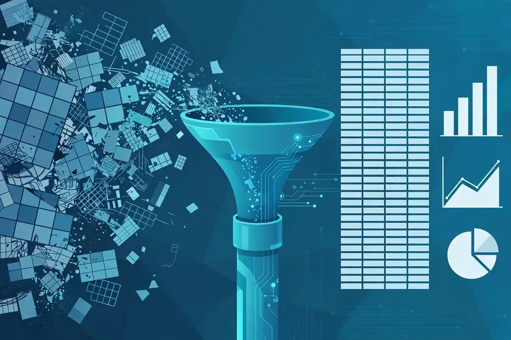 Illustration of data cleaning: messy raw data flowing through a pipeline into clean organized tables