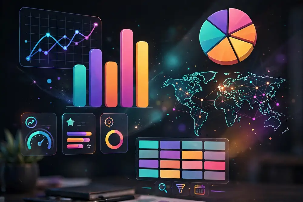 Illustration of data visualization choices: bar charts, line graphs, pie charts, KPI cards and maps
