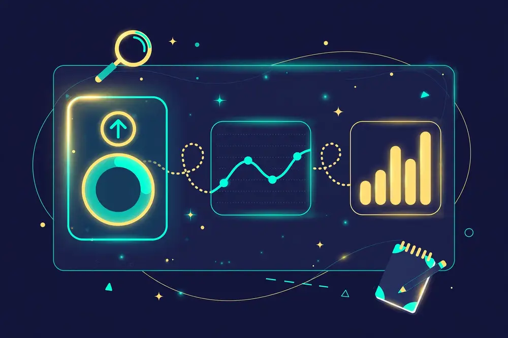 A storytelling dashboard: KPI, line chart and bar chart flowing like chapters along a path, with a magnifying glass for insight