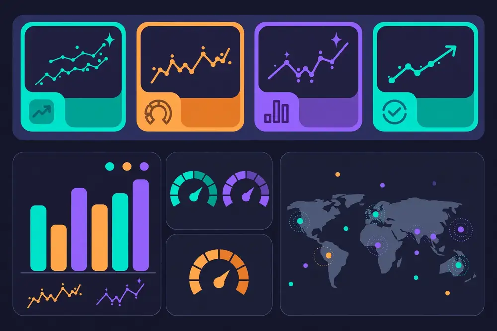Illustration of a complete KPI dashboard with KPI cards, charts, gauges, and a map panel