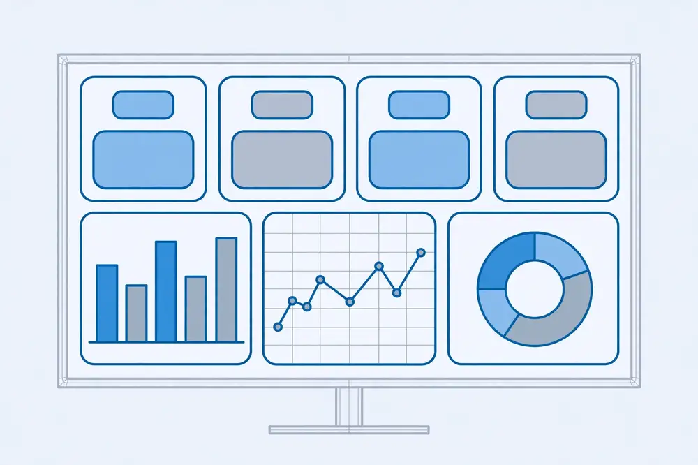 Wireframe-style illustration of KPI dashboard layout patterns with KPI tiles and chart panels