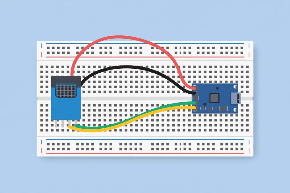 DHT sensor wired to a development board on a breadboard