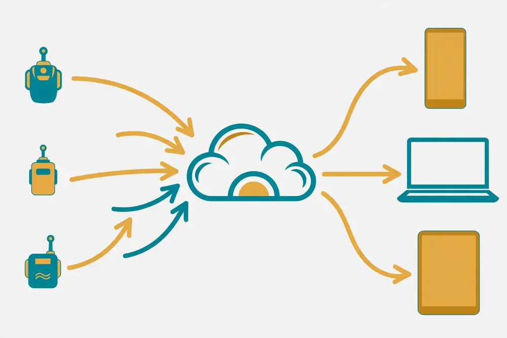 Publish-subscribe messaging: sensors publish to a central broker that fans out to subscribers