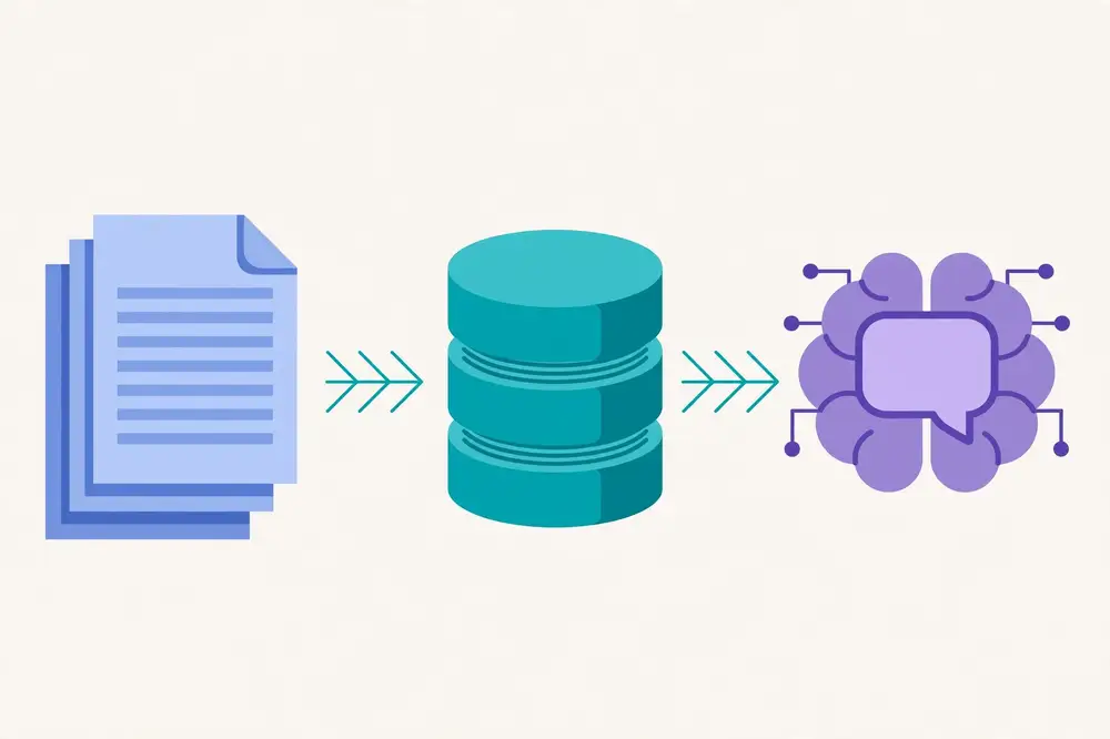 Diagram-style illustration of retrieval-augmented generation: documents feeding into a knowledge base connected to a chatbot brain