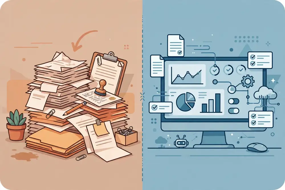Split illustration: manual paperwork pile versus automated dashboard