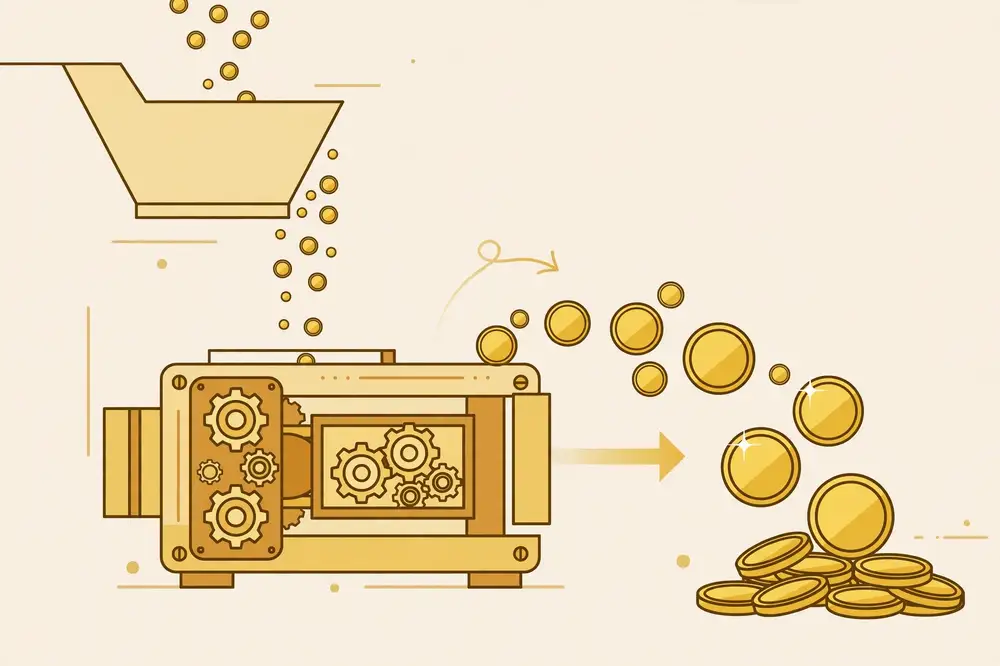 Infographic: small coins into a machine, larger coins out — return on investment