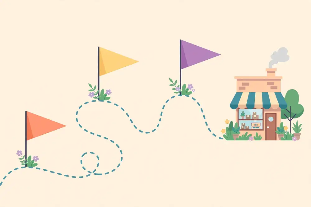 Three milestone flags on a winding path leading to a small business, representing a 90-day roadmap