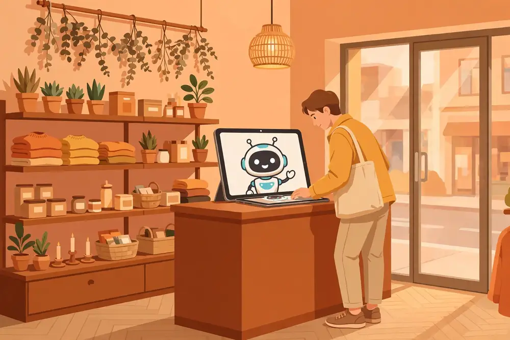 Small retail shop with a chatbot assistant helping customers on a tablet