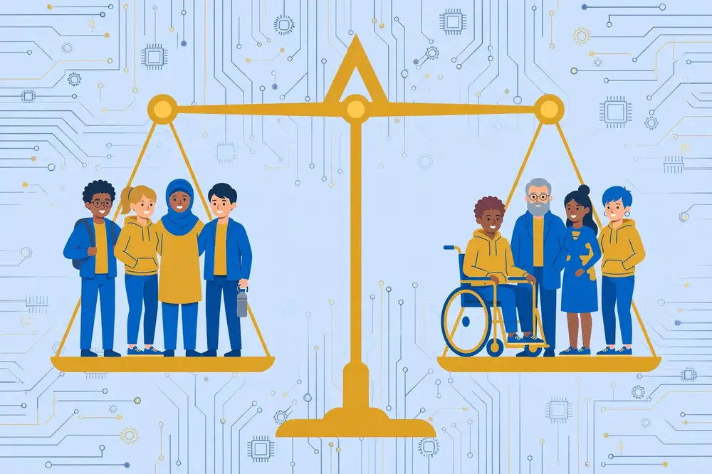 Balanced scale with diverse human figures and AI circuit pattern, representing fairness in AI