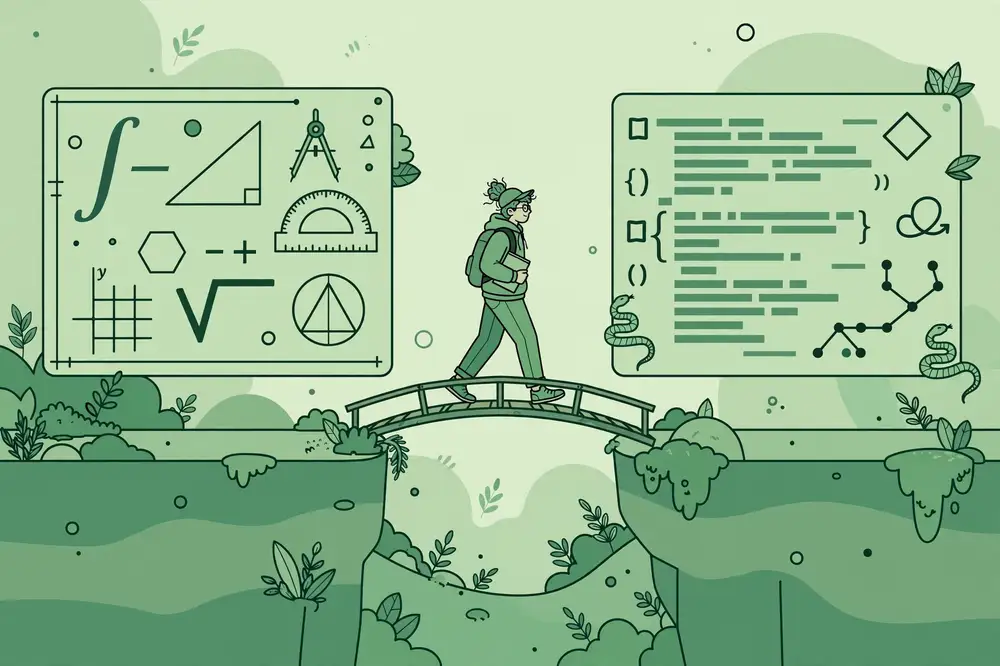 Illustration of a student bridging math formulas to Python code