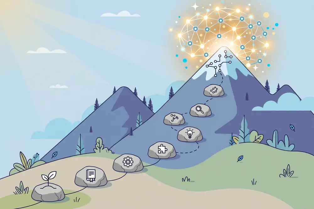 Roadmap illustration: stepping stones of learning stages climbing toward a glowing neural network