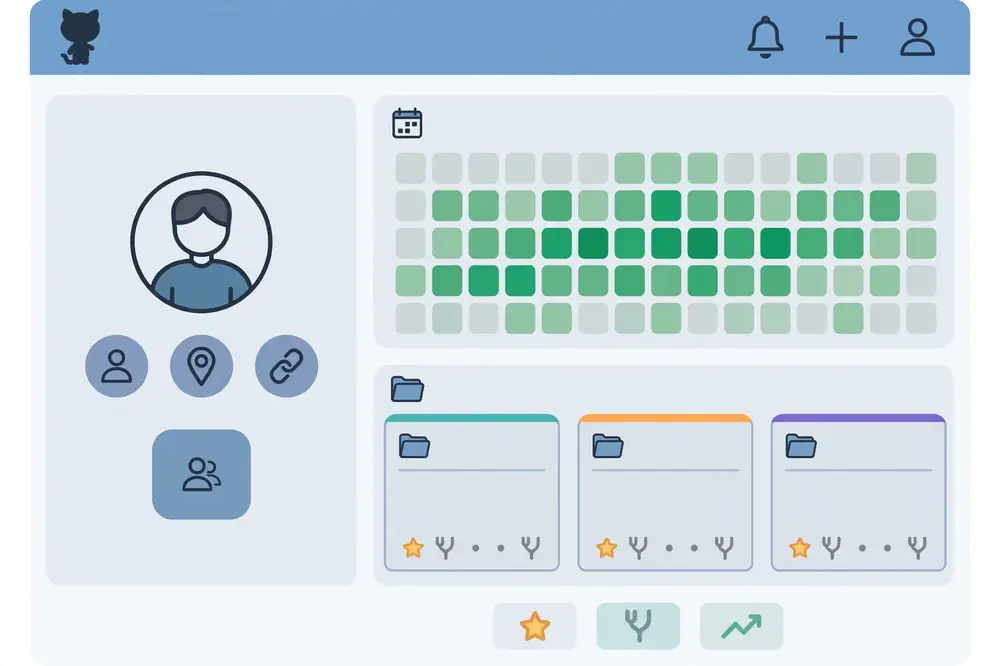 GitHub-style profile page with contribution grid and project repositories