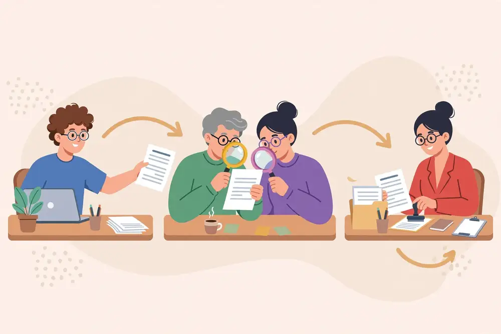 Illustration of the peer review process: a paper passing between author, reviewers, and editor